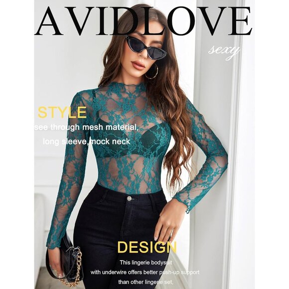 🆕Women’s Dark Blue Mesh Long Sleeve Mock Neck Sheer Floral Lace Top Blouse - Picture 2 of 7